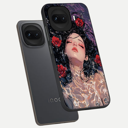 Crimson Rose Serenity phone case for iQOO 15R showing premium glass back cover with detailed artwork