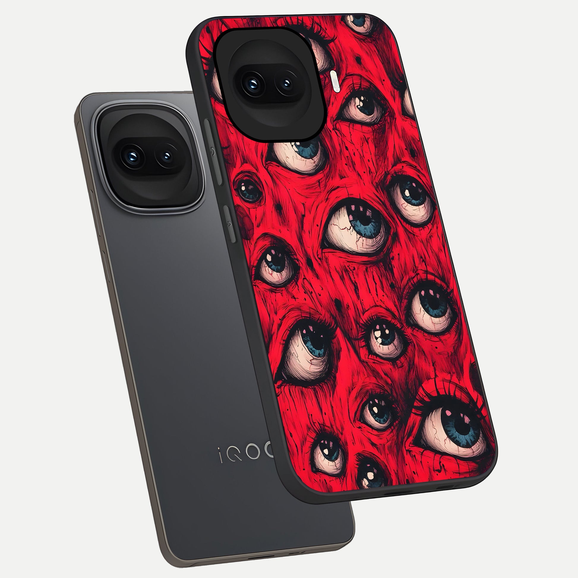  Crimson Watch Eyes phone case for iQOO 15R showing premium glass back cover with detailed artwork