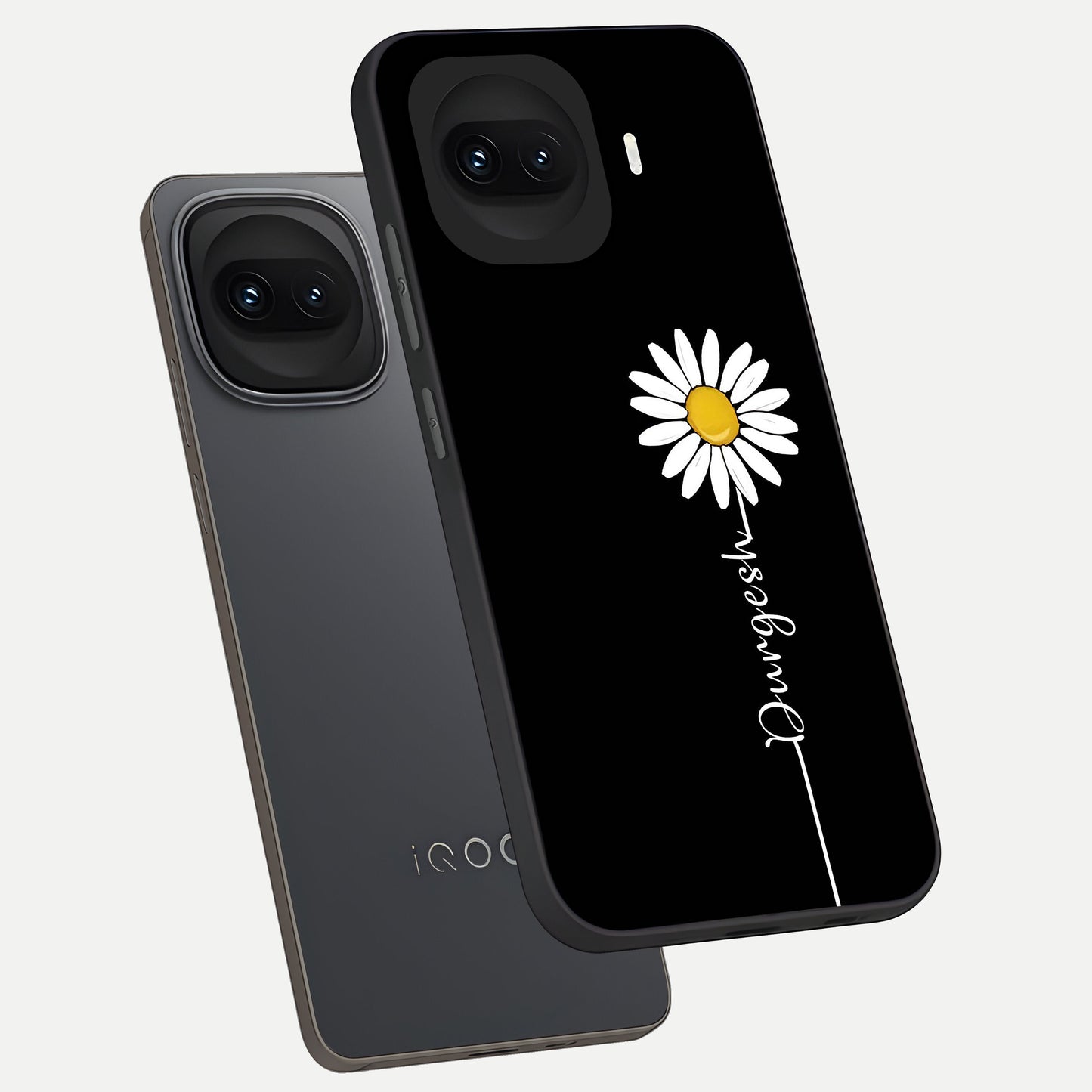  Custom Name White Flower phone case for iQOO 15R showing premium glass back cover with detailed artwork