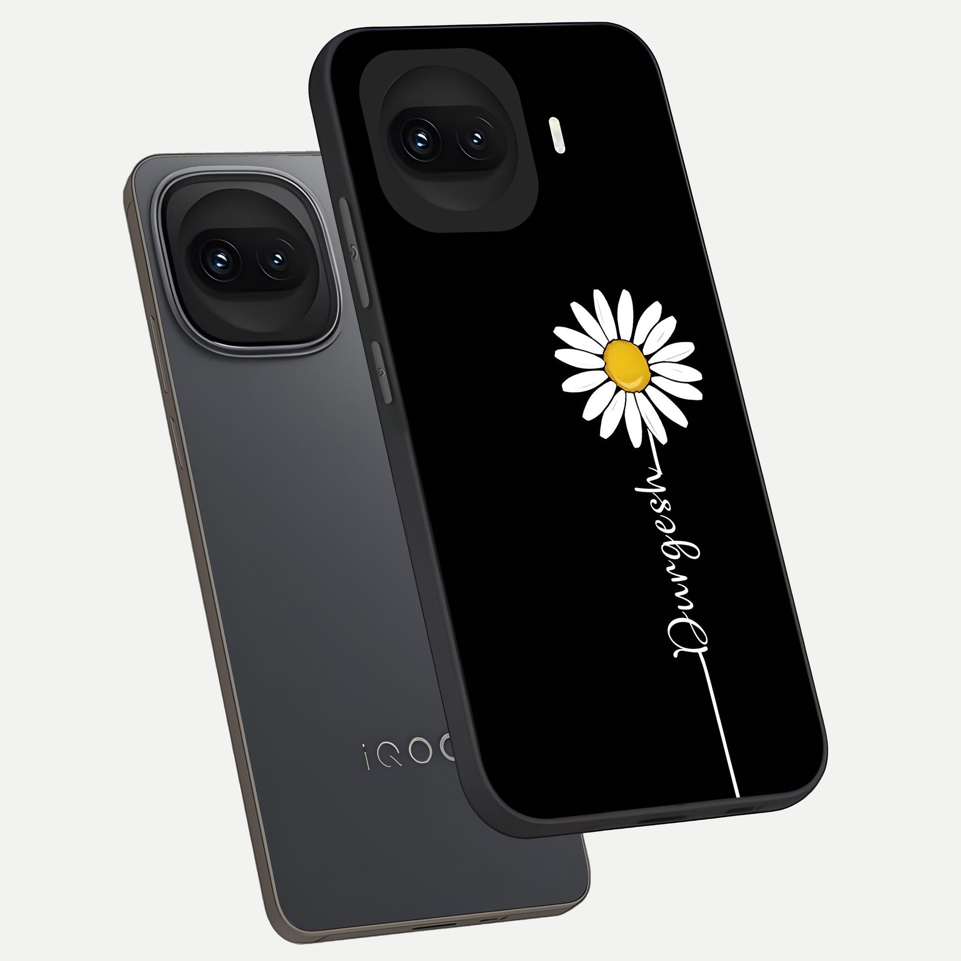  Custom Name White Flower phone case for iQOO 15R showing premium glass back cover with detailed artwork