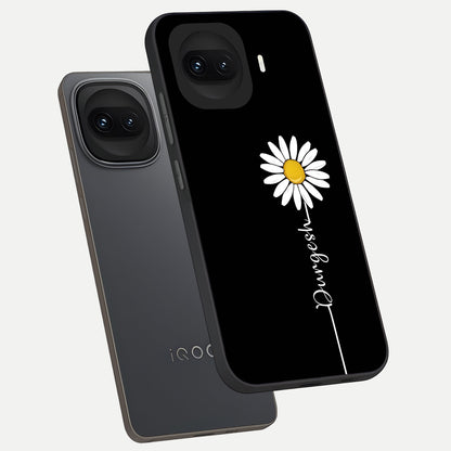  Custom Name White Flower phone case for iQOO 15R showing premium glass back cover with detailed artwork
