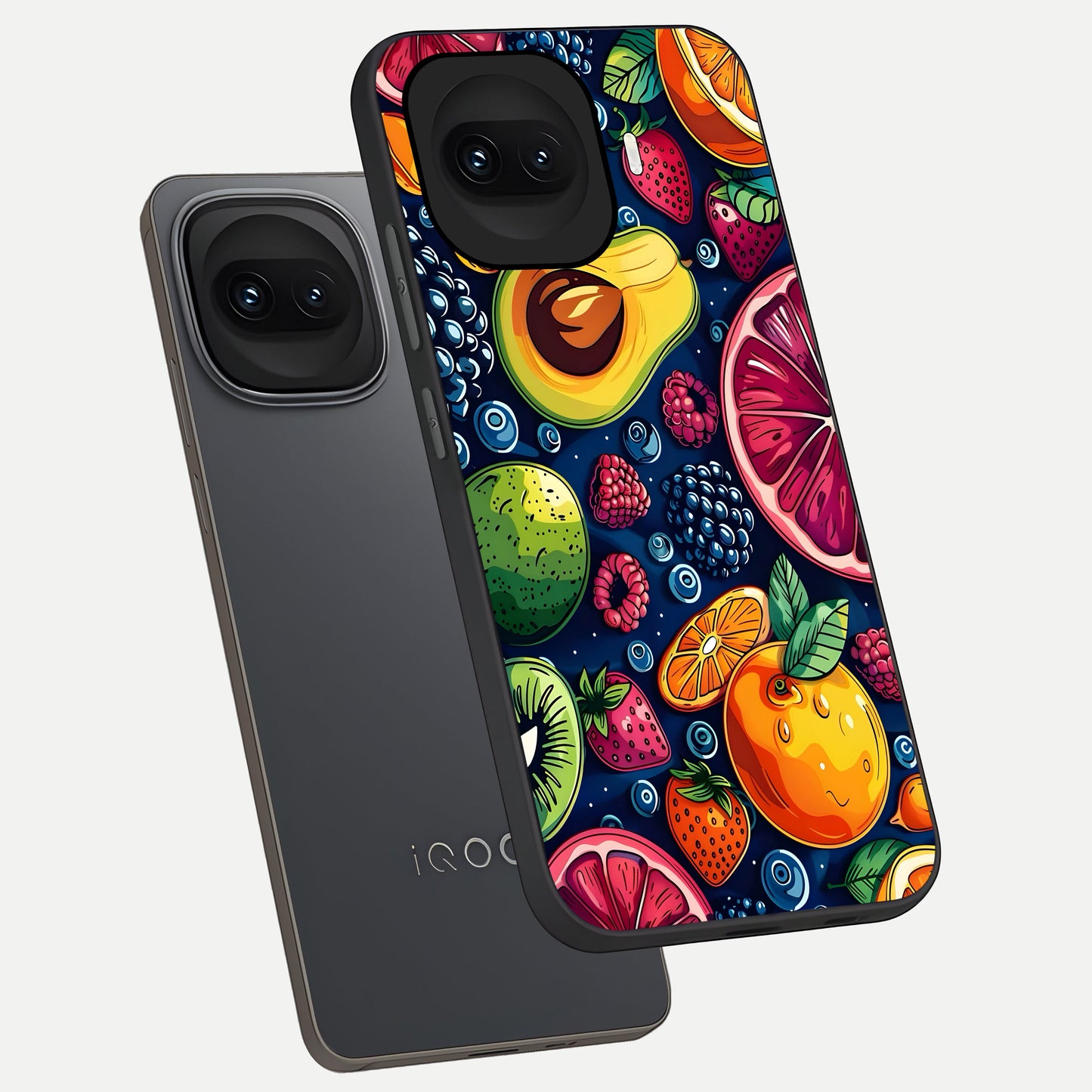  Cute Fruits Art phone case for iQOO 15R showing premium glass back cover with detailed artwork