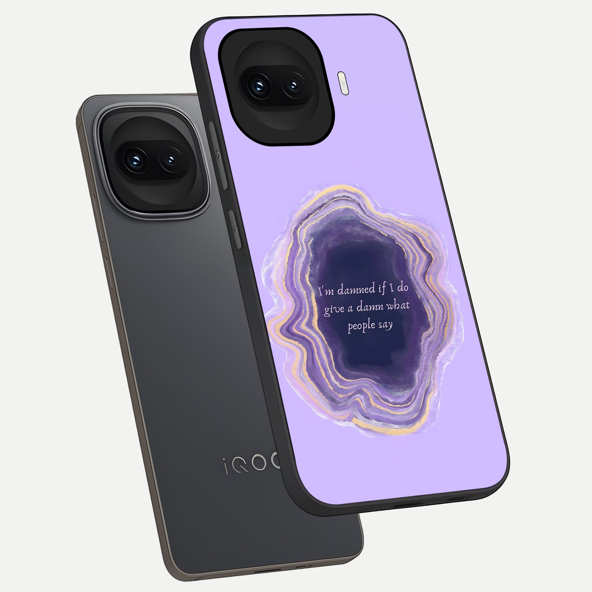  Damned People Quote phone case for iQOO 15R showing premium glass back cover with detailed artwork