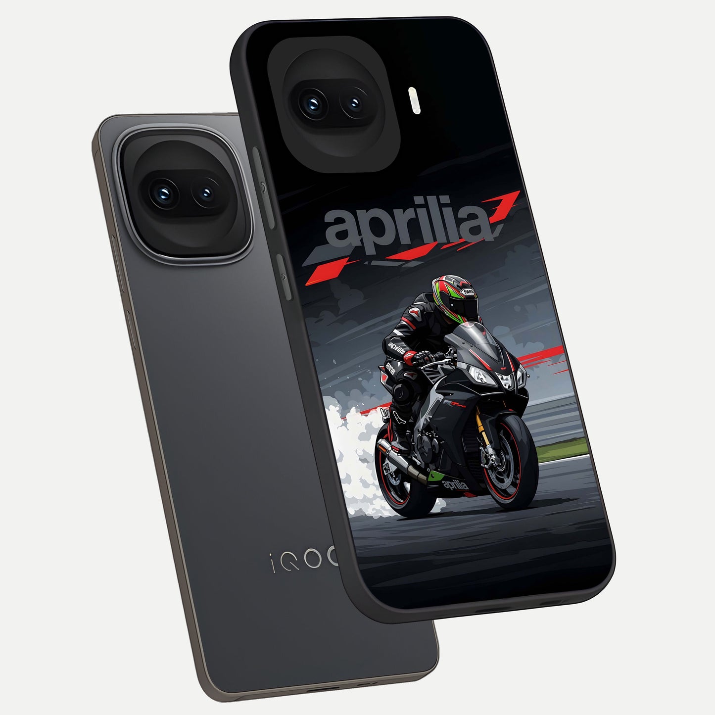  Dark Aprilla phone case for iQOO 15R showing premium glass back cover with detailed artwork