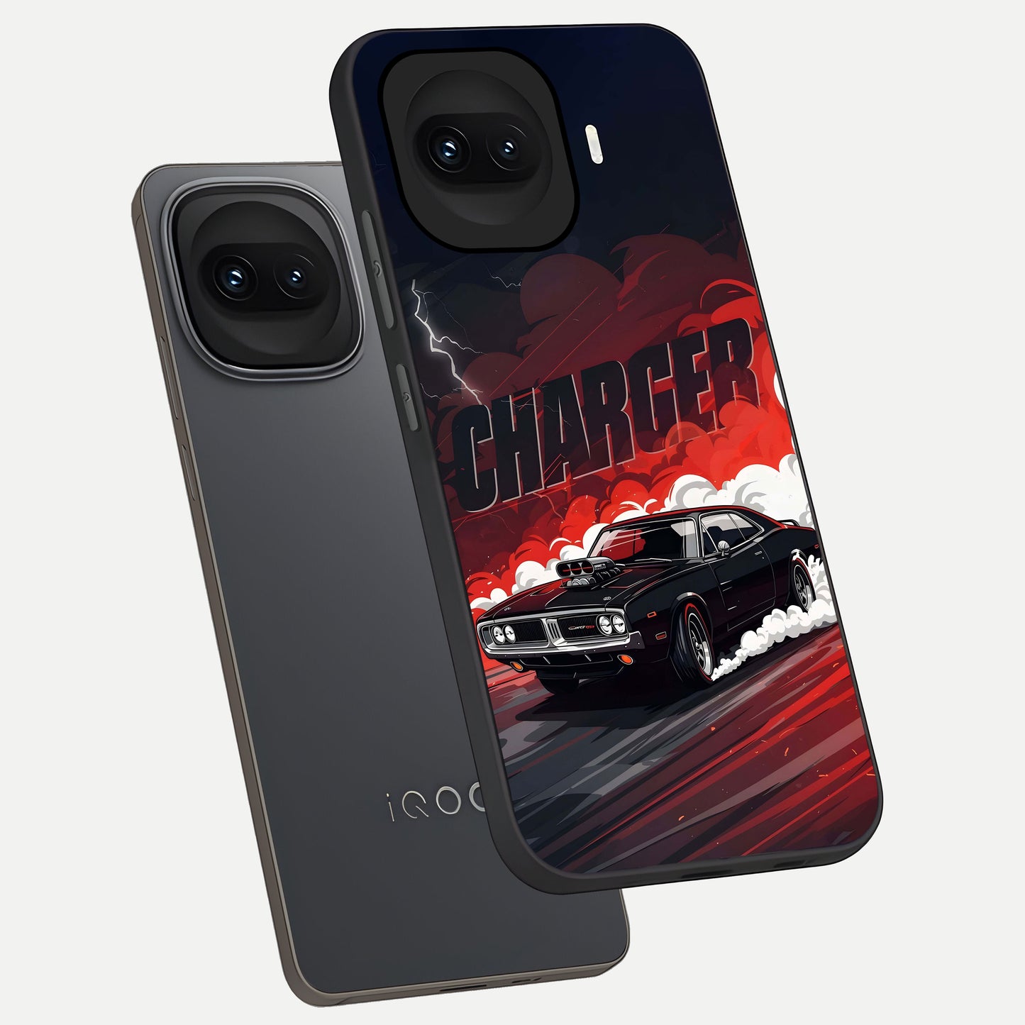  Dark Charger Fury phone case for iQOO 15R showing premium glass back cover with detailed artwork