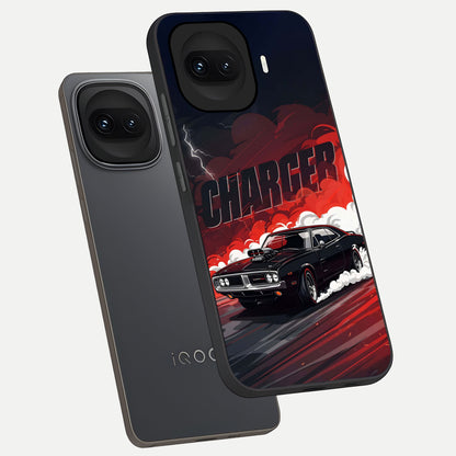  Dark Charger Fury phone case for iQOO 15R showing premium glass back cover with detailed artwork