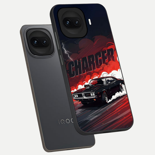  Dark Charger Fury phone case for iQOO 15R showing premium glass back cover with detailed artwork