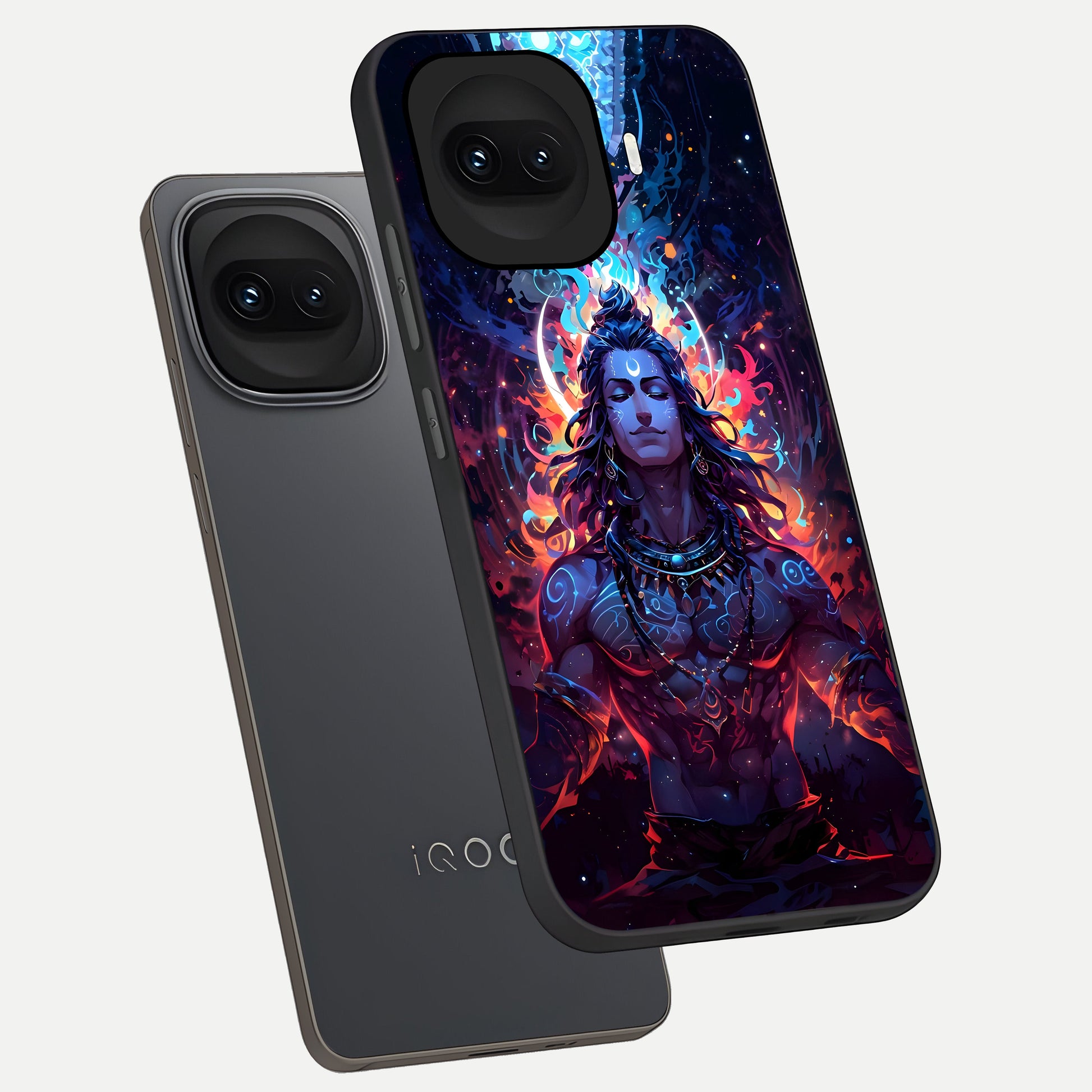  Divine Fire Shiv phone case for iQOO 15R showing premium glass back cover with detailed artwork
