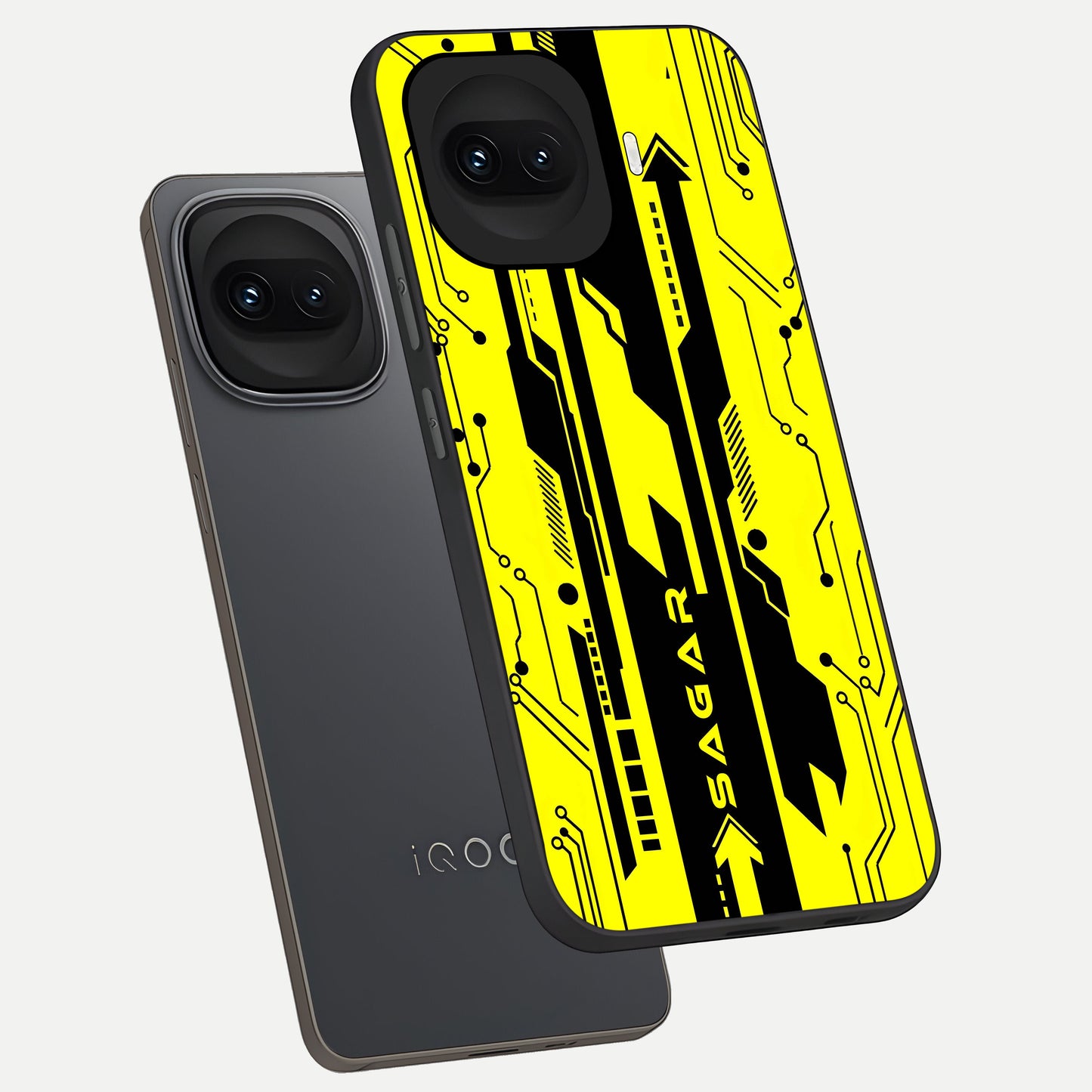  Electric Pulse CYBERPUNK Custom Name phone case for iQOO 15R showing premium glass back cover with detailed artwork