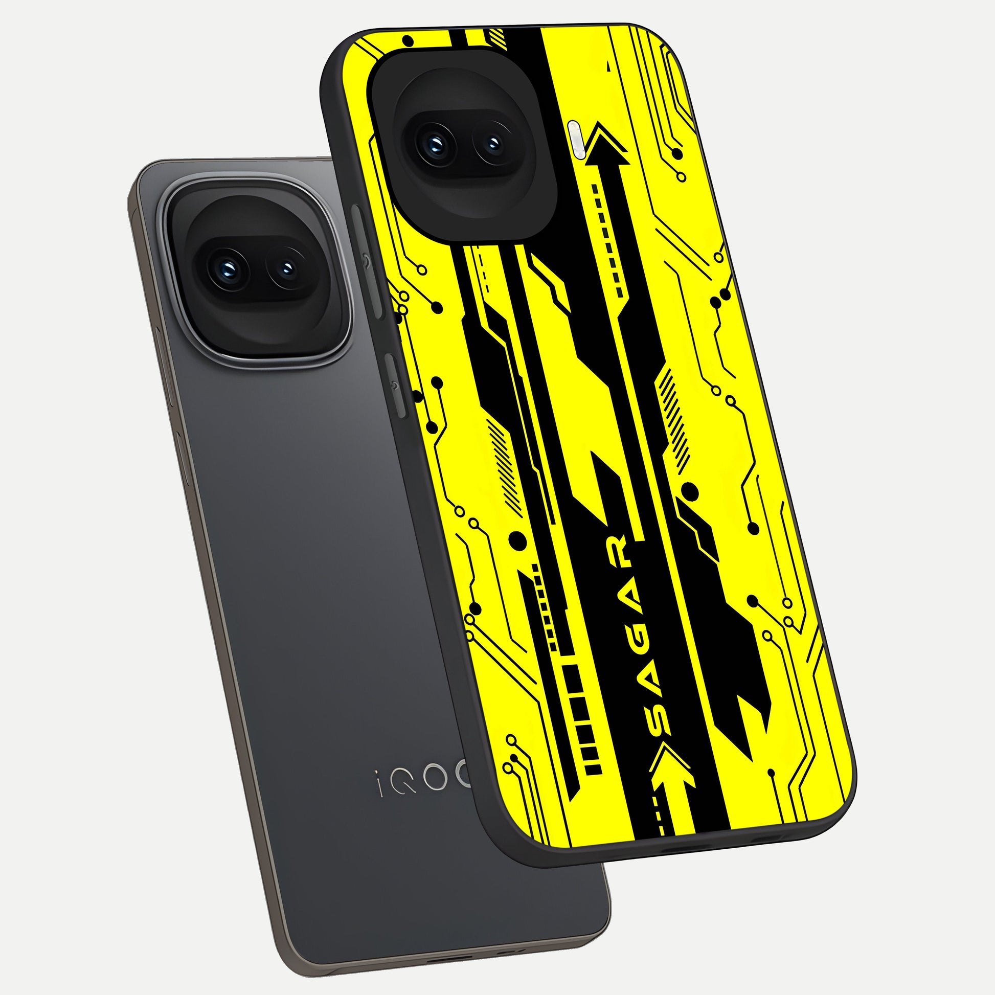  Electric Pulse CYBERPUNK Custom Name phone case for iQOO 15R showing premium glass back cover with detailed artwork