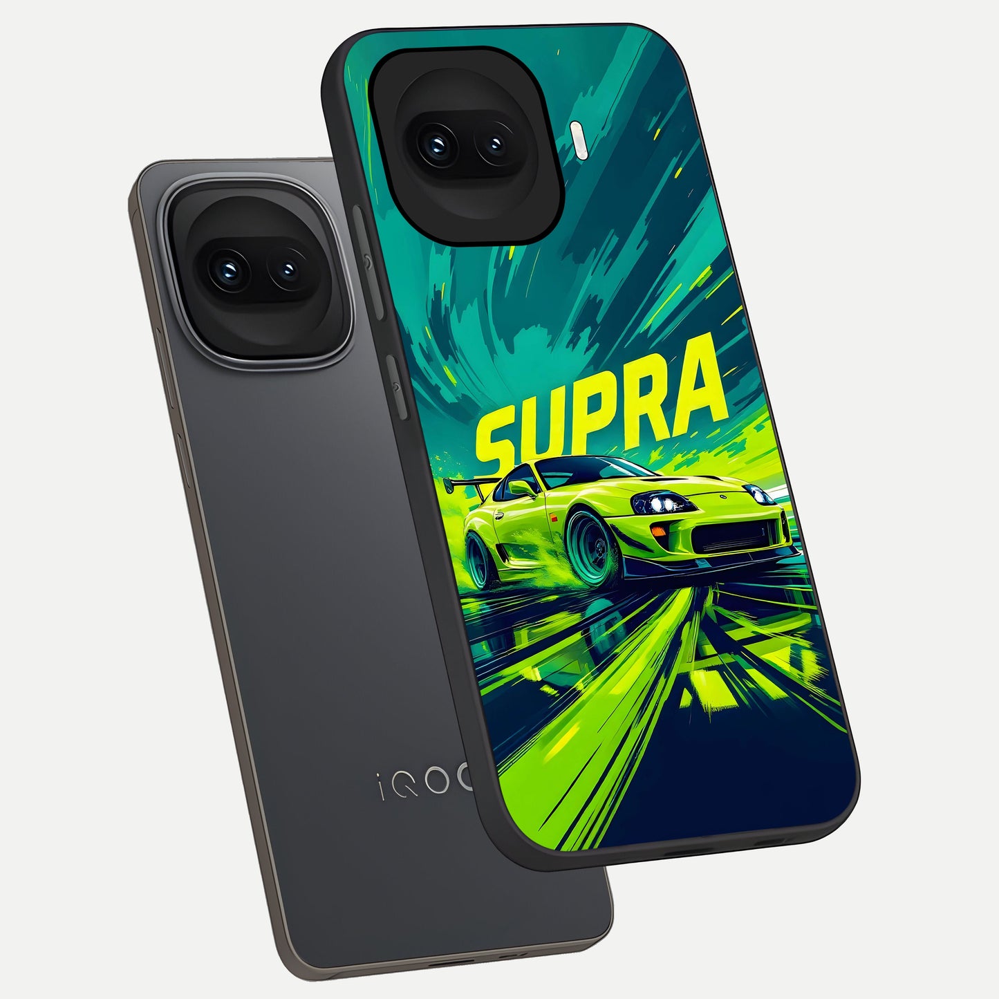  Electric Supra Thunder phone case for iQOO 15R showing premium glass back cover with detailed artwork
