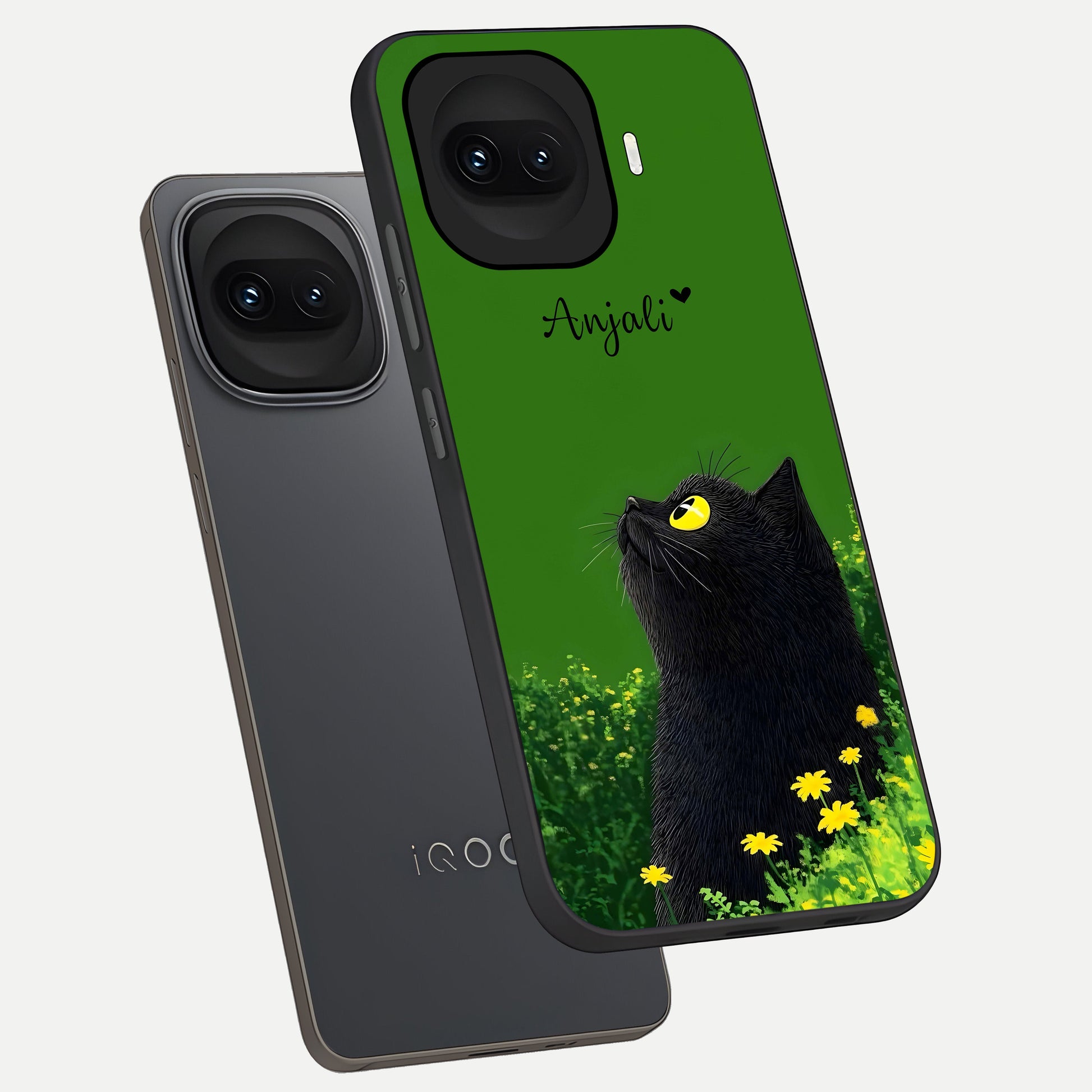  Emerald Cat Custom Name phone case for iQOO 15R showing premium glass back cover with detailed artwork