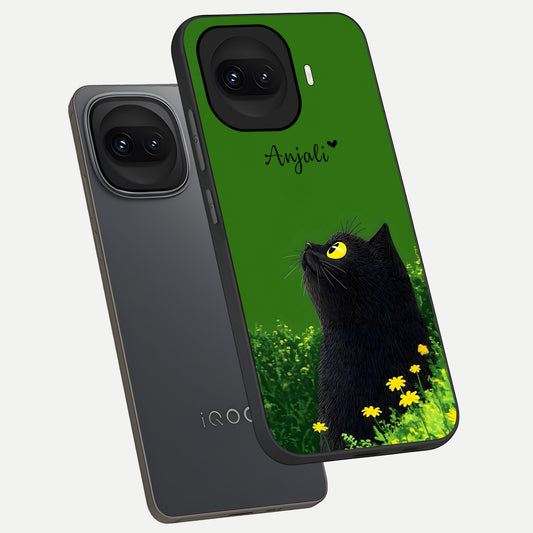  Emerald Cat Custom Name phone case for iQOO 15R showing premium glass back cover with detailed artwork