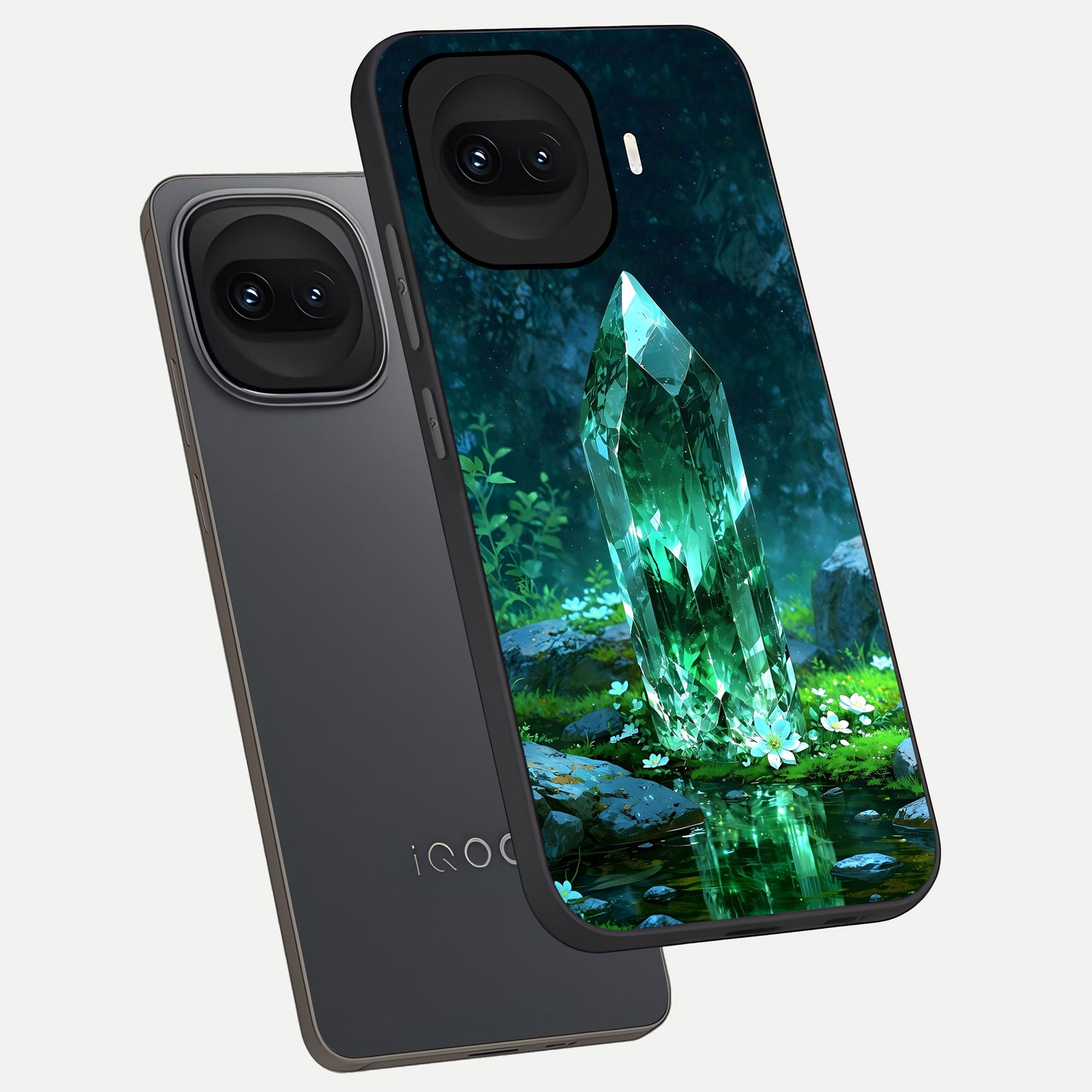  Emerald Light Crystal phone case for iQOO 15R showing premium glass back cover with detailed artwork