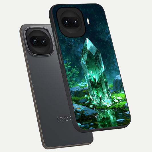  Emerald Light Crystal phone case for iQOO 15R showing premium glass back cover with detailed artwork