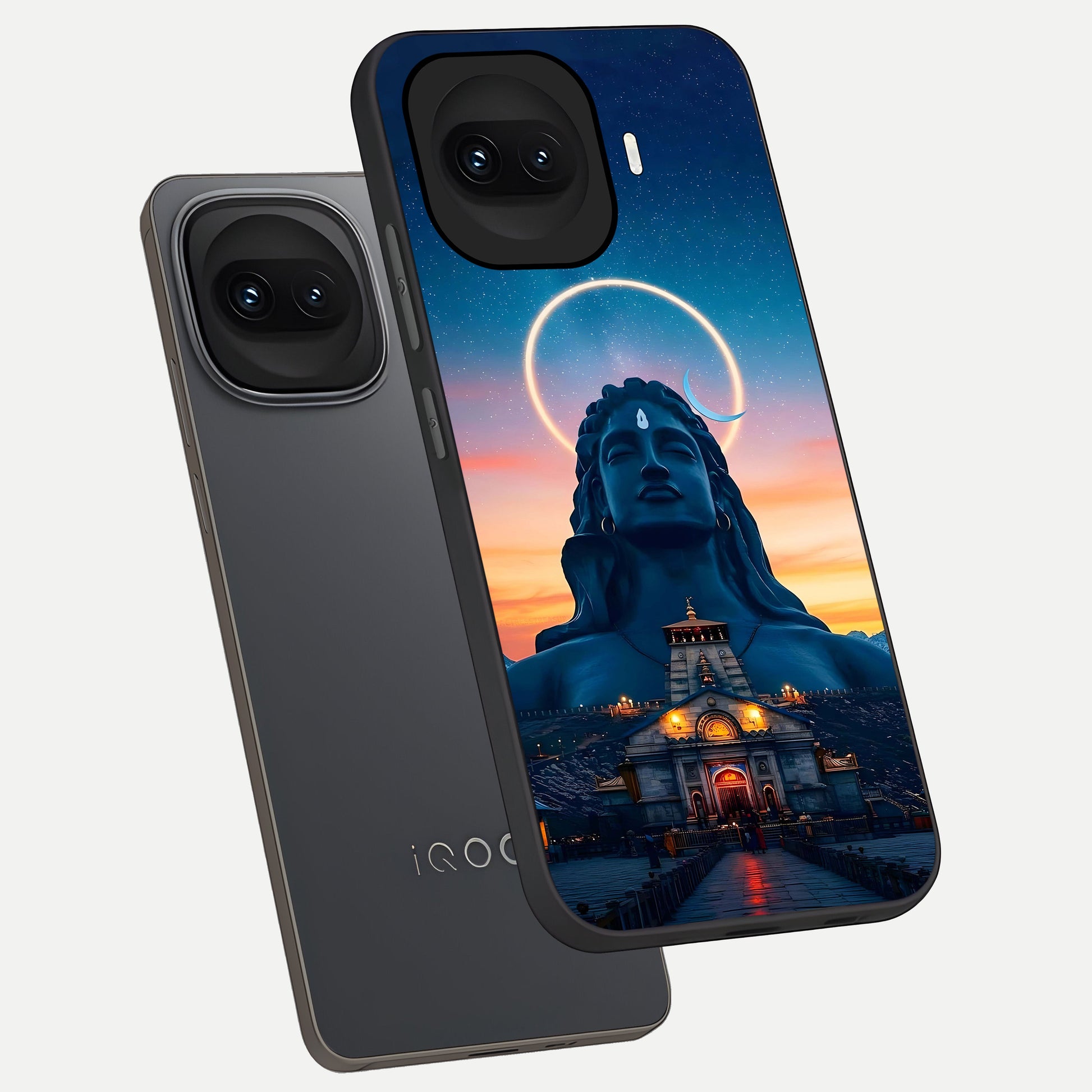  Eternal Shiva Aura phone case for iQOO 15R showing premium glass back cover with detailed artwork