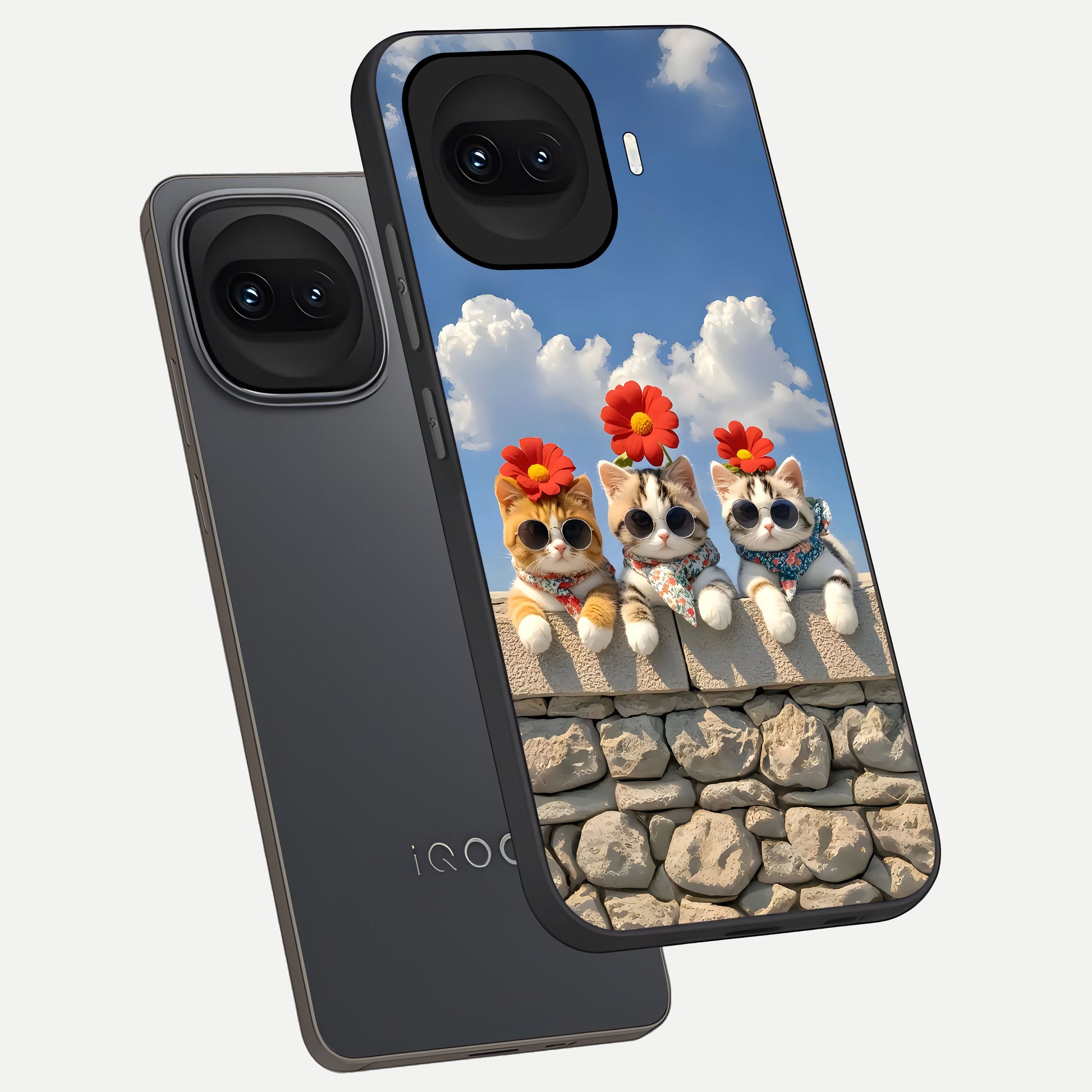  Floral Kitty Squad phone case for iQOO 15R showing premium glass back cover with detailed artwork