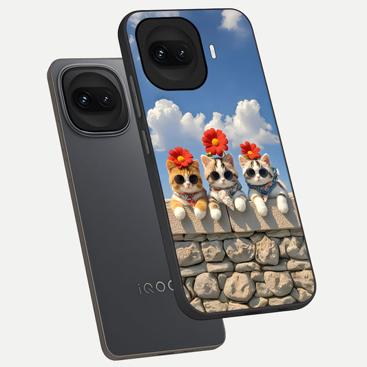 Floral Kitty Squad phone case for iQOO 15R showing premium glass back cover with detailed artwork