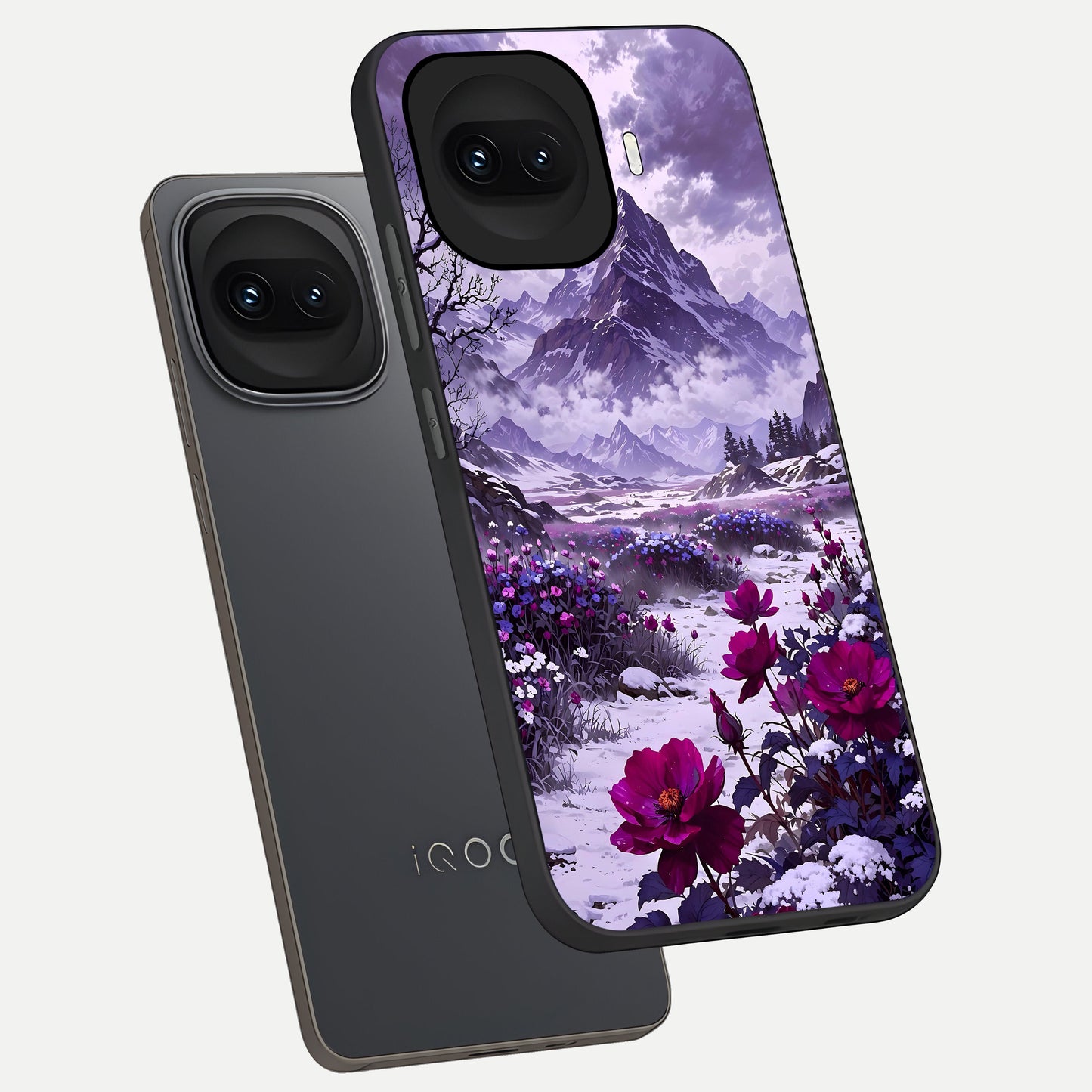  Flower Mountain View phone case for iQOO 15R showing premium glass back cover with detailed artwork