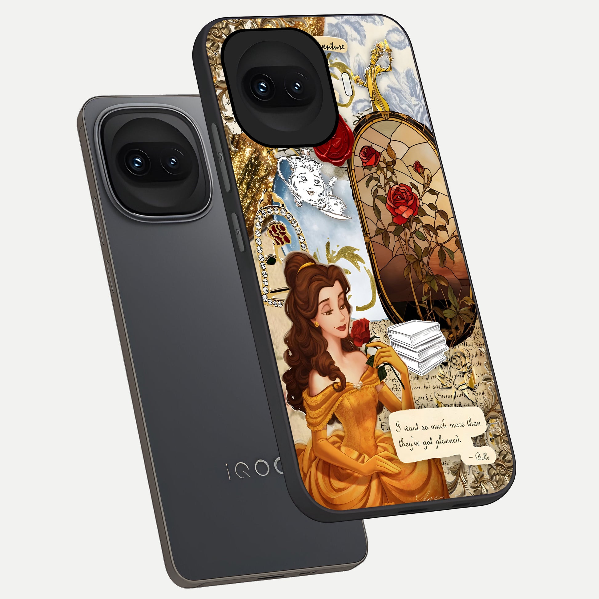  Golden Dream Belle phone case for iQOO 15R showing premium glass back cover with detailed artwork