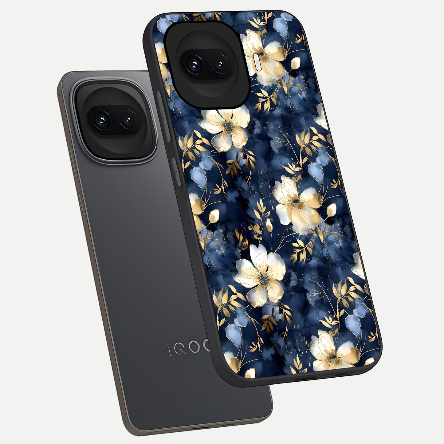  Golden Midnight Bloom phone case for iQOO 15R showing premium glass back cover with detailed artwork