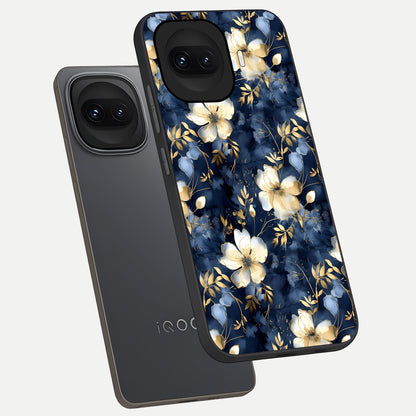  Golden Midnight Bloom phone case for iQOO 15R showing premium glass back cover with detailed artwork