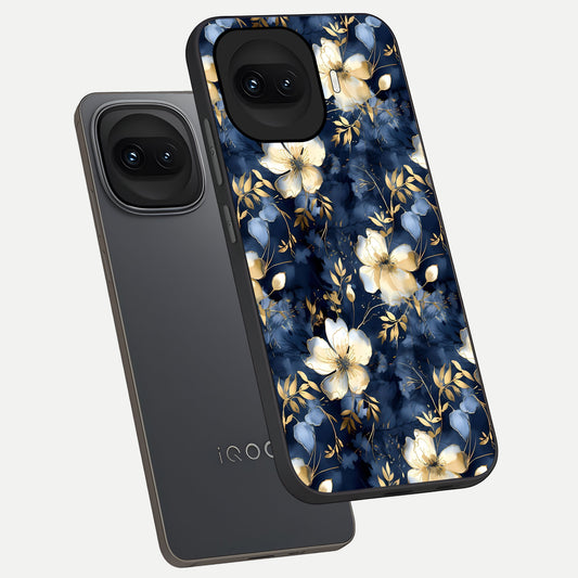  Golden Midnight Bloom phone case for iQOO 15R showing premium glass back cover with detailed artwork