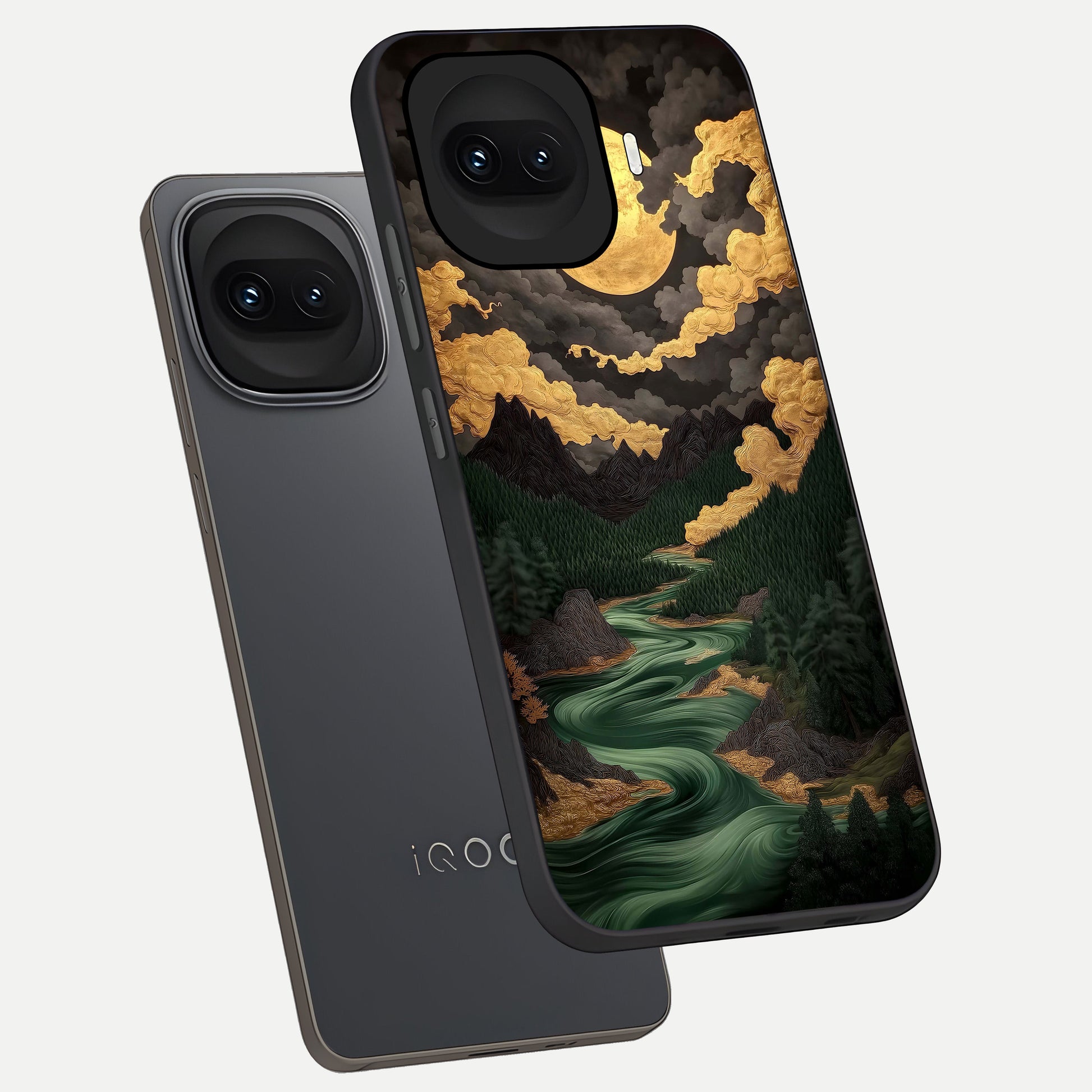  Golden River Moon phone case for iQOO 15R showing premium glass back cover with detailed artwork