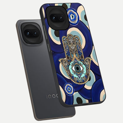  Hamsa Divine Guard phone case for iQOO 15R showing premium glass back cover with detailed artwork