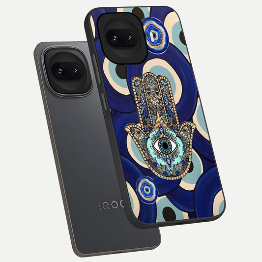  Hamsa Divine Guard phone case for iQOO 15R showing premium glass back cover with detailed artwork