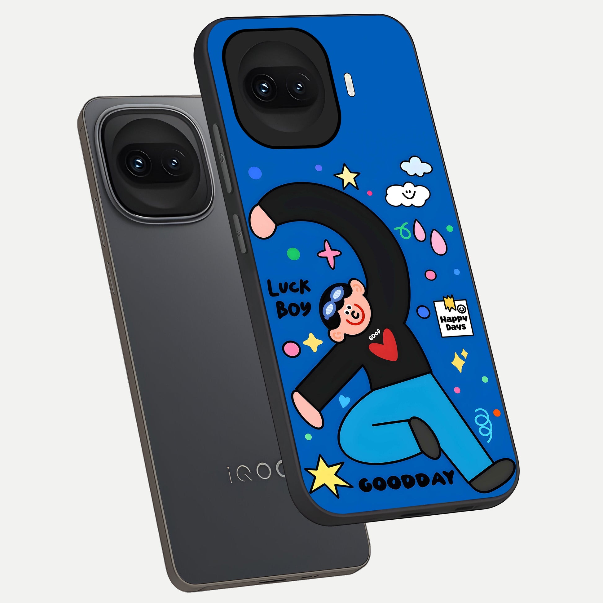  Happy Luck Vibe phone case for iQOO 15R showing premium glass back cover with detailed artwork