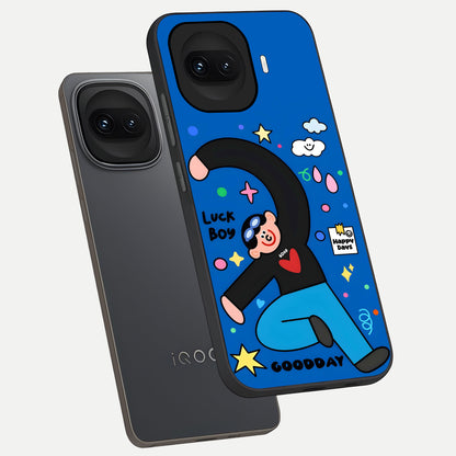  Happy Luck Vibe phone case for iQOO 15R showing premium glass back cover with detailed artwork