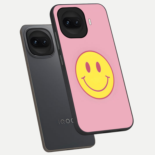  Happy Pink Mood phone case for iQOO 15R showing premium glass back cover with detailed artwork