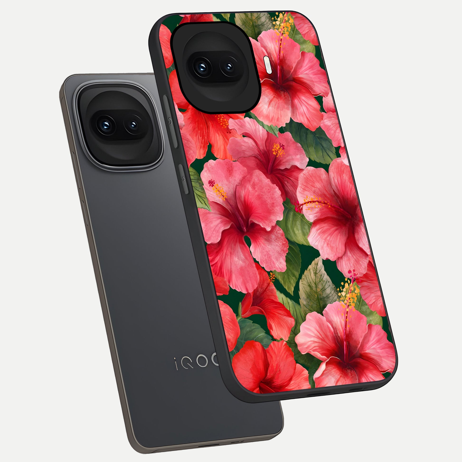  Hibiscus Pattern phone case for iQOO 15R showing premium glass back cover with detailed artwork