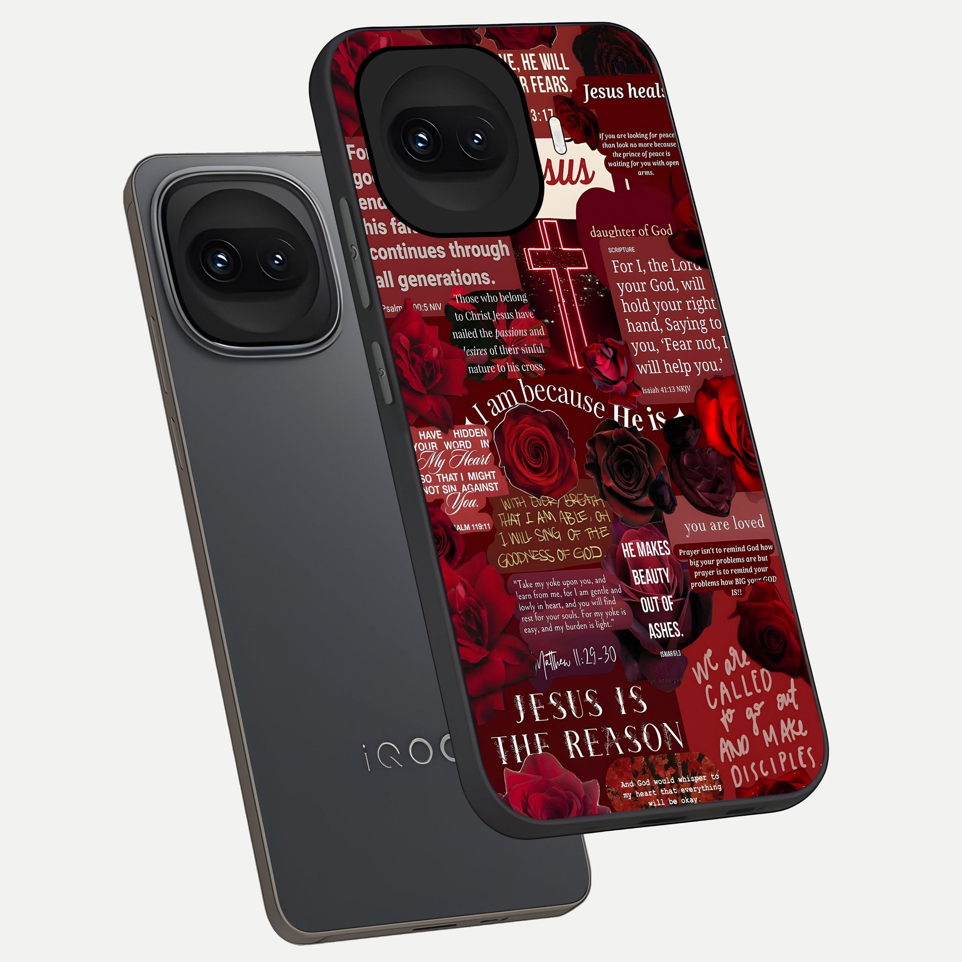  Jesus Love Heals phone case for iQOO 15R showing premium glass back cover with detailed artwork