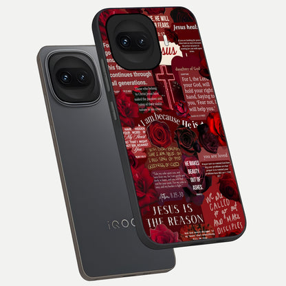  Jesus Love Heals phone case for iQOO 15R showing premium glass back cover with detailed artwork
