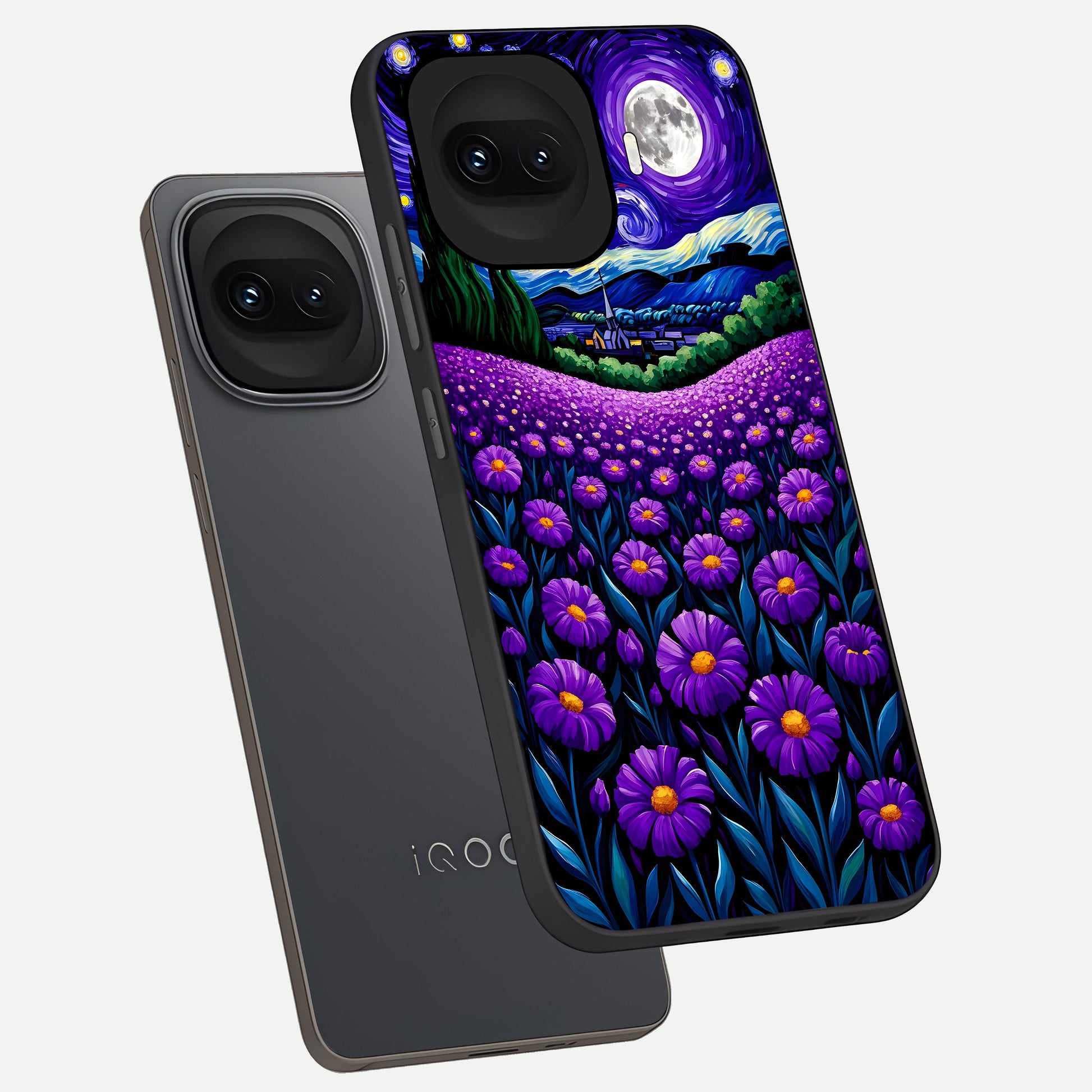 Lavender Moon Field phone case for iQOO 15R showing premium glass back cover with detailed artwork