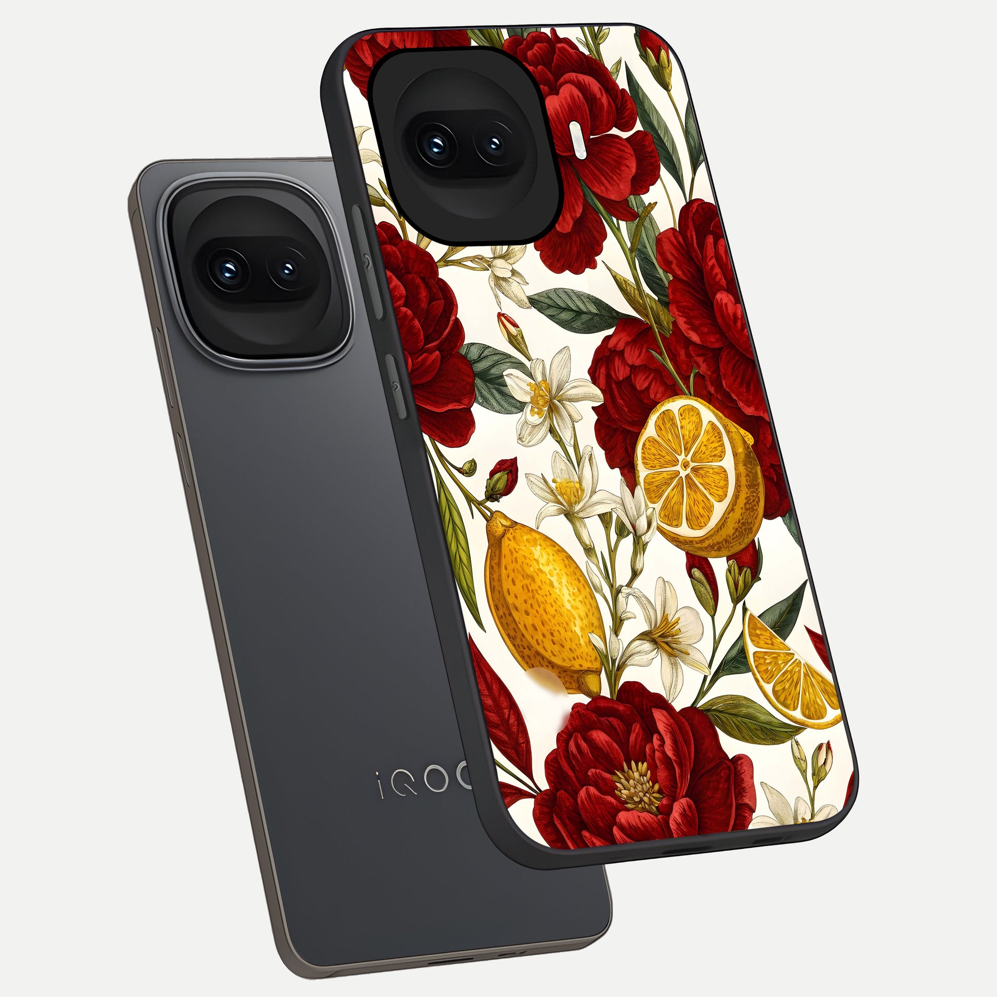  Lemon Rose Charm phone case for iQOO 15R showing premium glass back cover with detailed artwork