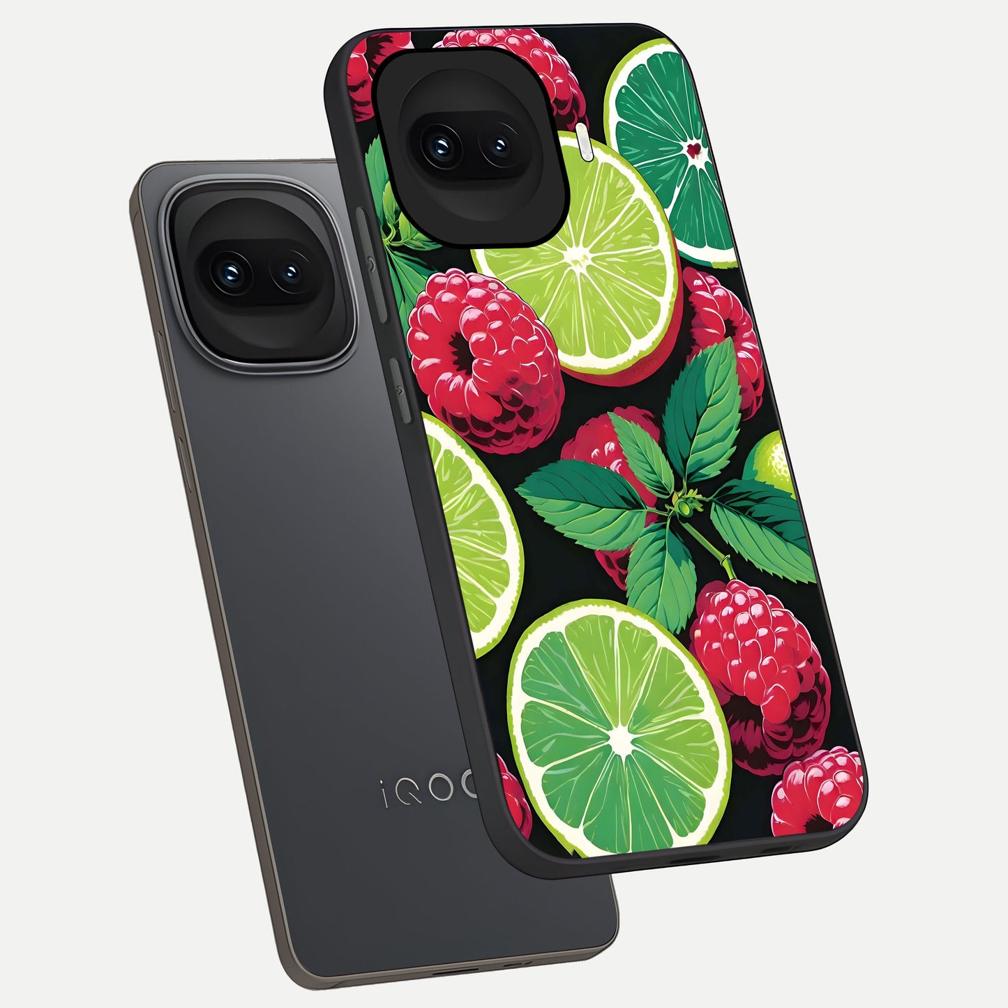  Lime and Raspberry Pattern phone case for iQOO 15R showing premium glass back cover with detailed artwork