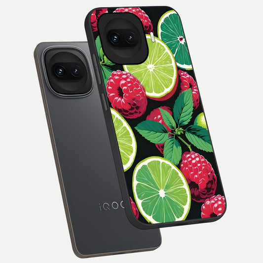  Lime and Raspberry Pattern phone case for iQOO 15R showing premium glass back cover with detailed artwork