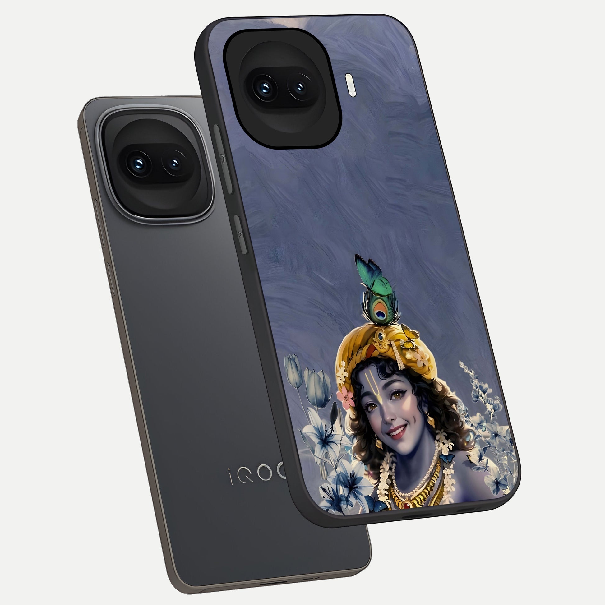  Lord Krishna phone case for iQOO 15R showing premium glass back cover with detailed artwork