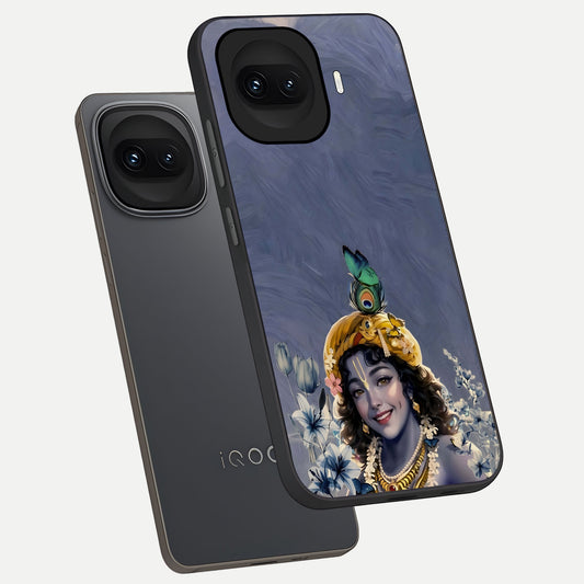  Lord Krishna phone case for iQOO 15R showing premium glass back cover with detailed artwork
