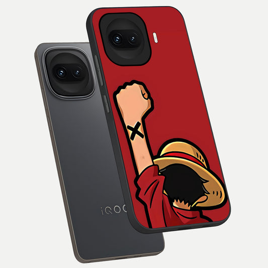  Luffy X Spirit phone case for iQOO 15R showing premium glass back cover with detailed artwork
