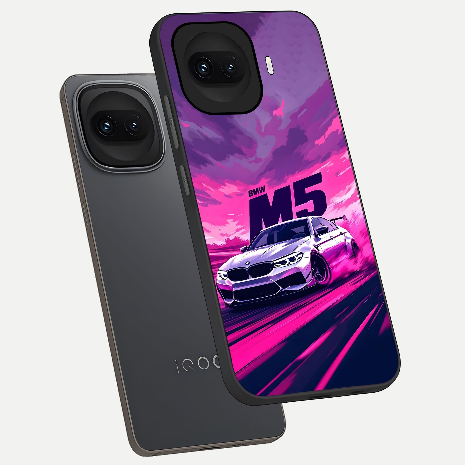  MS Neon Car phone case for iQOO 15R showing premium glass back cover with detailed artwork