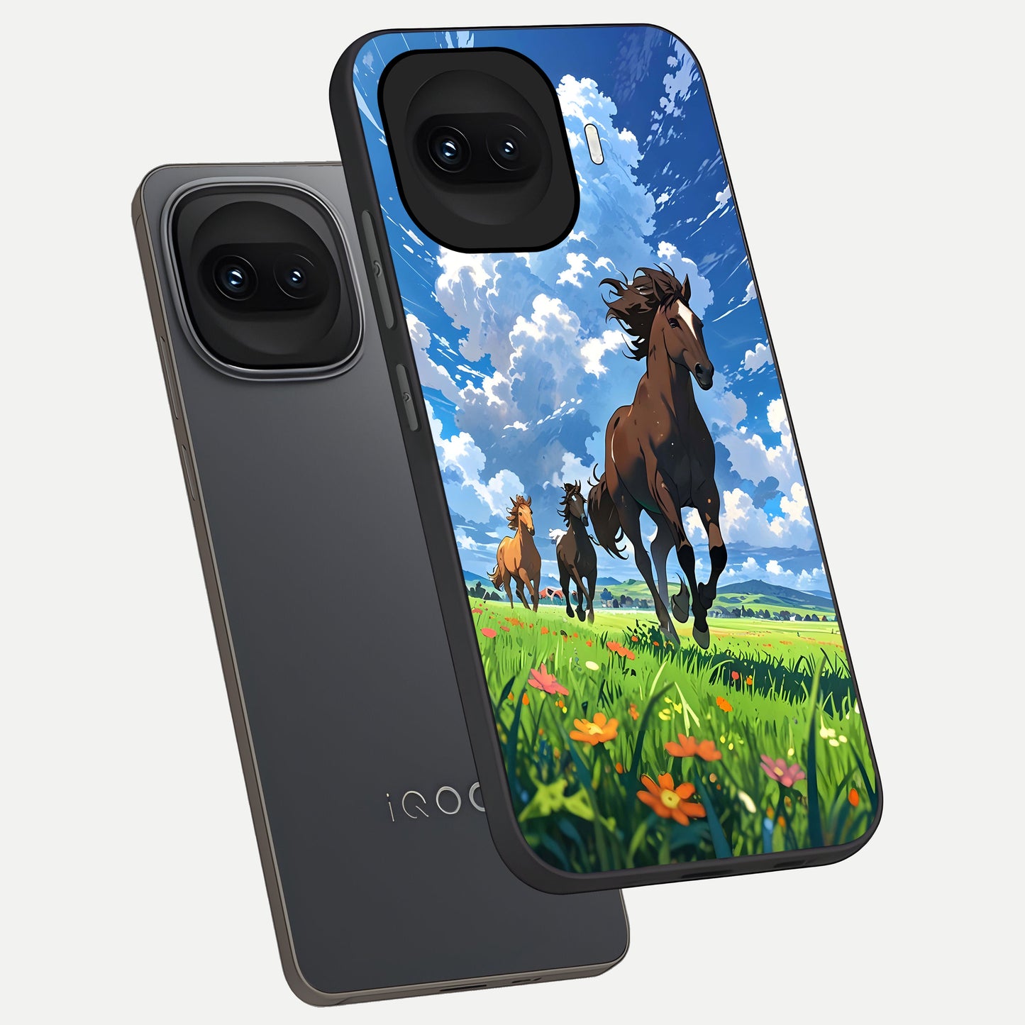  Majestic Horses Galloping phone case for iQOO 15R showing premium glass back cover with detailed artwork