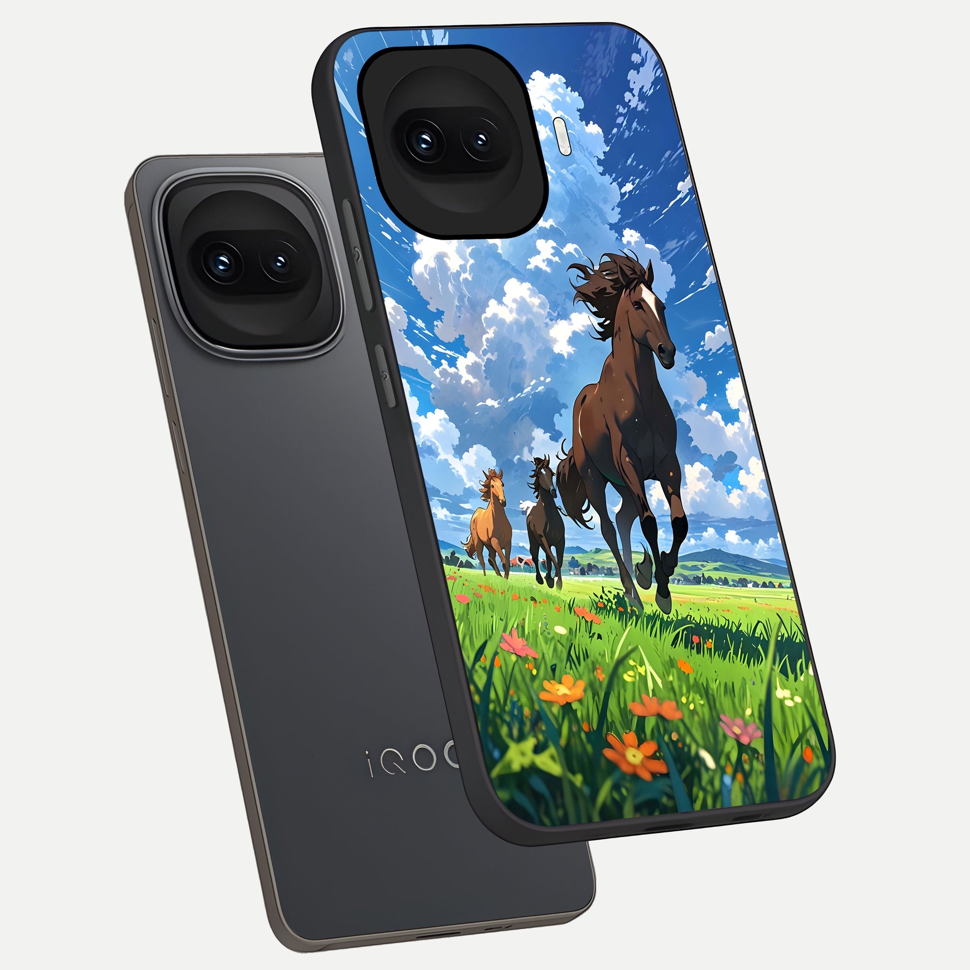 Majestic Horses Galloping phone case for iQOO 15R showing premium glass back cover with detailed artwork