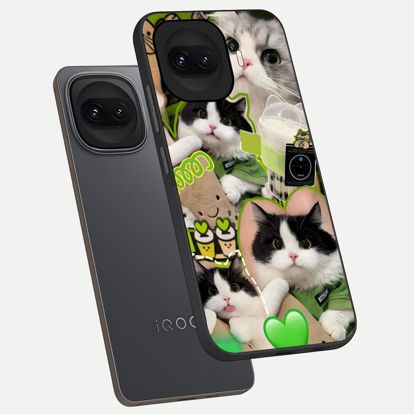  Matcha Cats Mood phone case for iQOO 15R showing premium glass back cover with detailed artwork