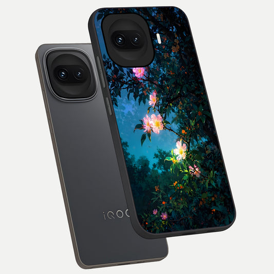  Midnight Bloom Glow phone case for iQOO 15R showing premium glass back cover with detailed artwork