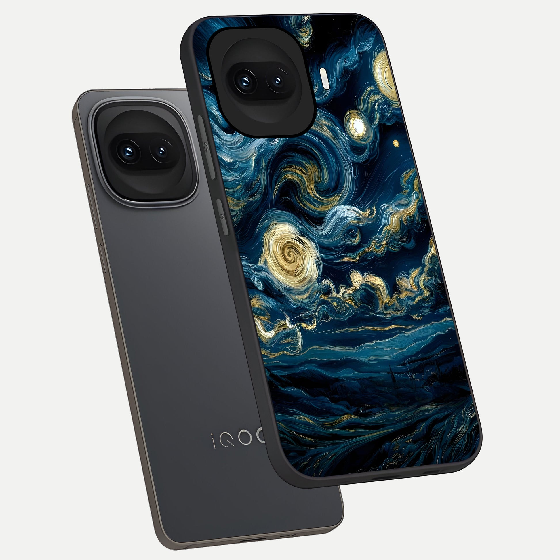  Midnight Sky Whirl phone case for iQOO 15R showing premium glass back cover with detailed artwork