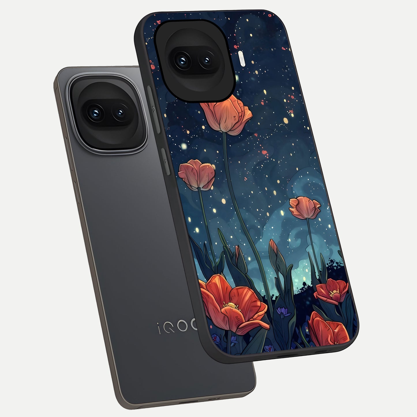  Midnight Tulip Glow phone case for iQOO 15R showing premium glass back cover with detailed artwork